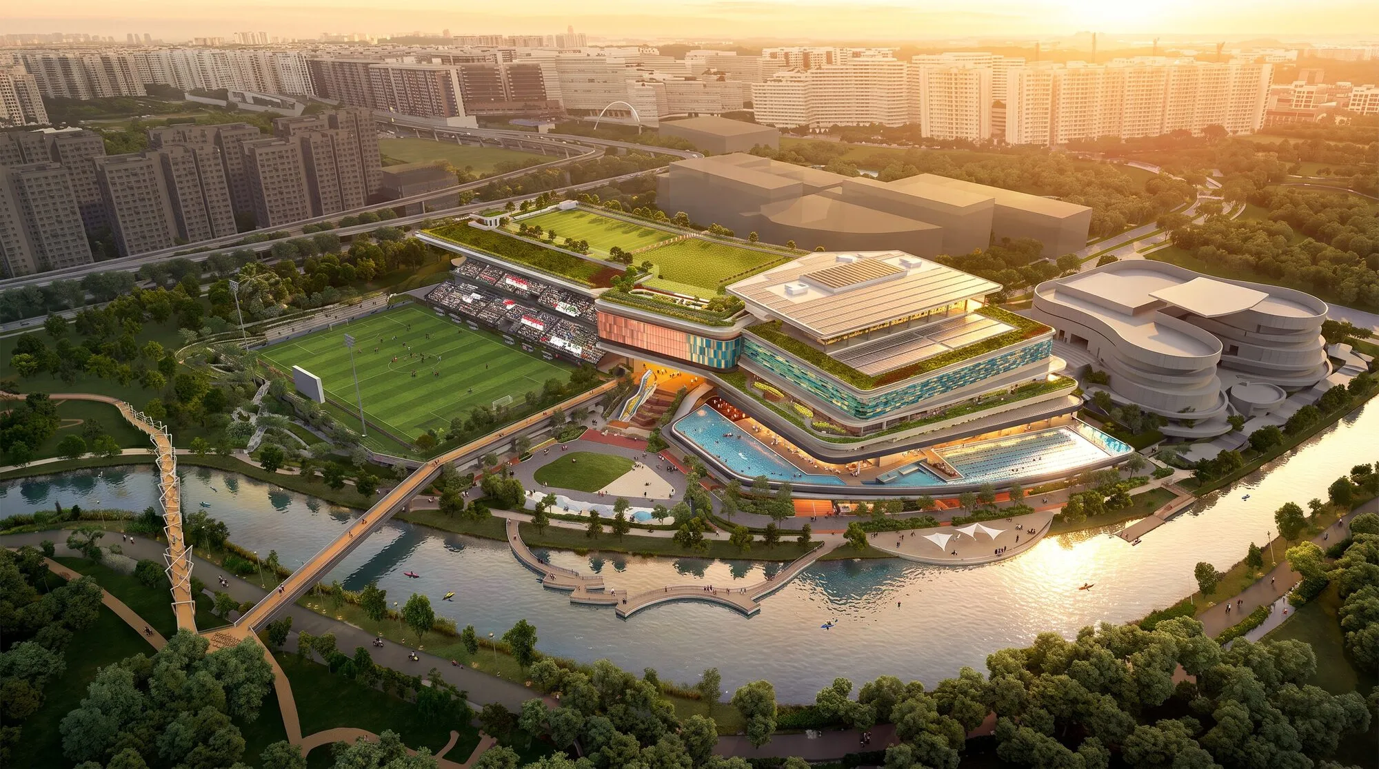 Artist’s impression of Punggol Regional Sport Centre from the air beside the Punggol Waterway