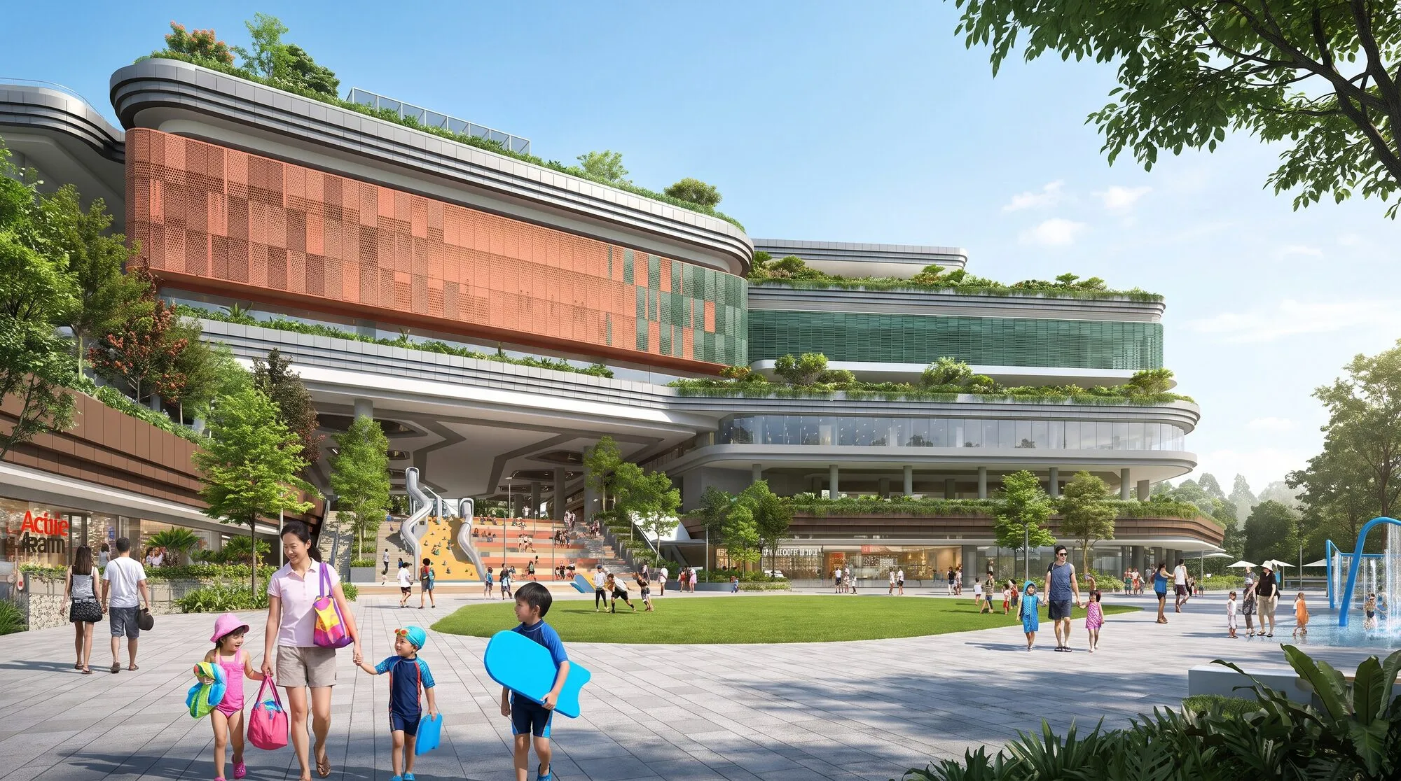 Artist’s impression of families with swim bags walking to Punggol Sport Centre’s orange-panelled entrance