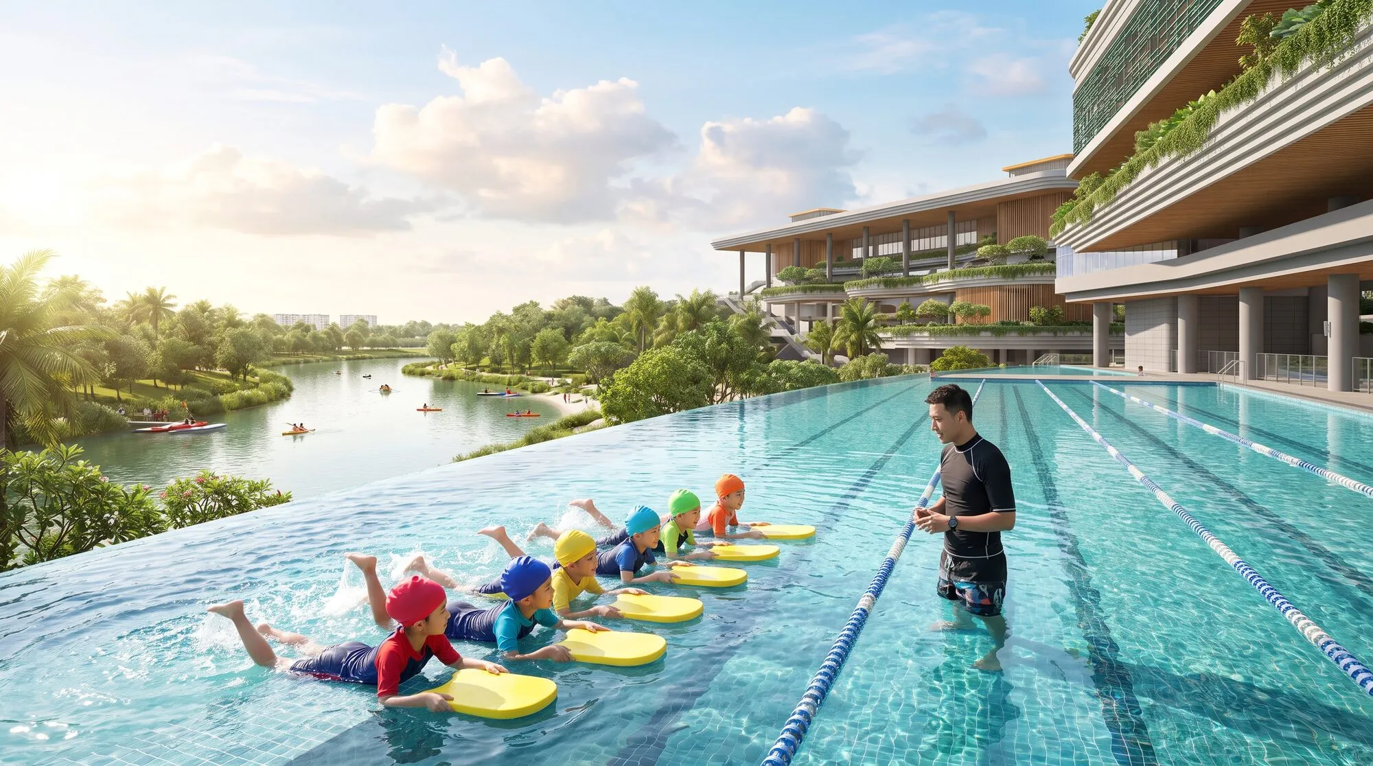 Artist’s impression of a small children’s swimming class with kickboards in the infinity pool beside the Punggol Waterway