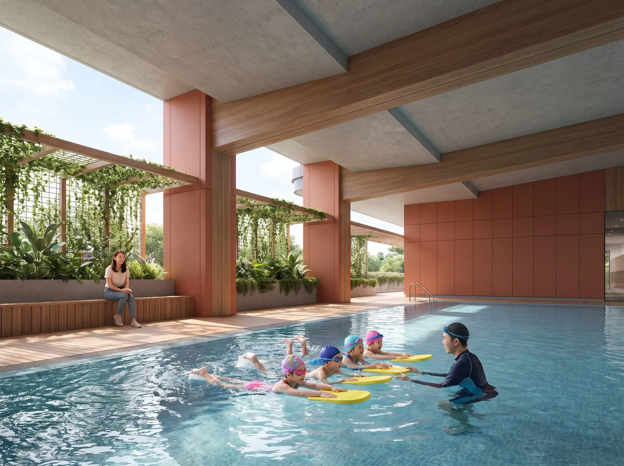 Artist’s impression of a coach teaching four young children in a sheltered training pool